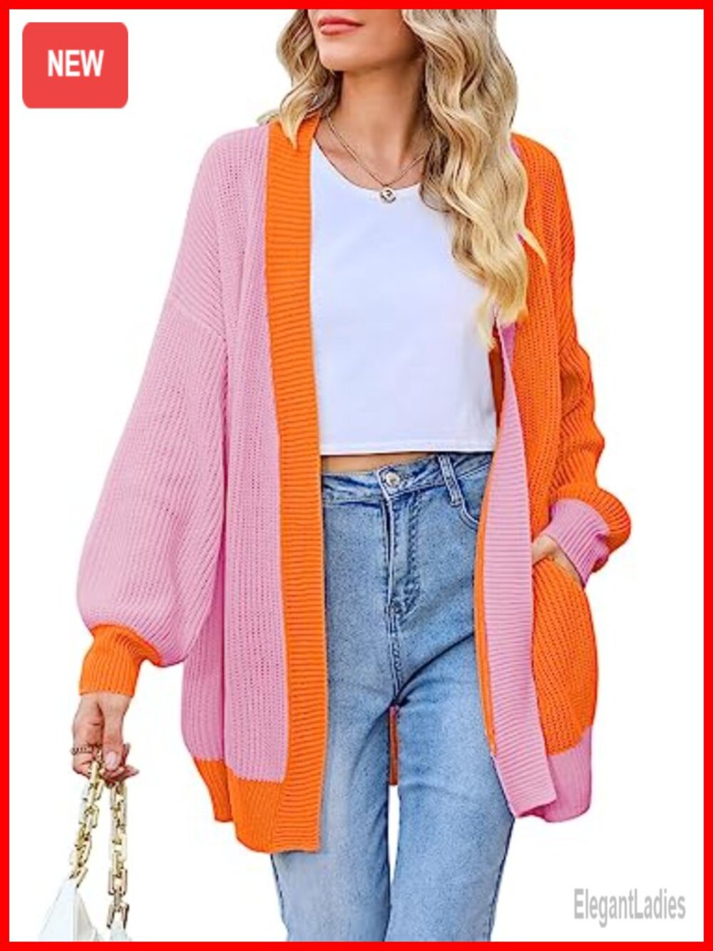 Oversized Ribbed Knit Cardigan Batwing Sleeve Open Front Pockets